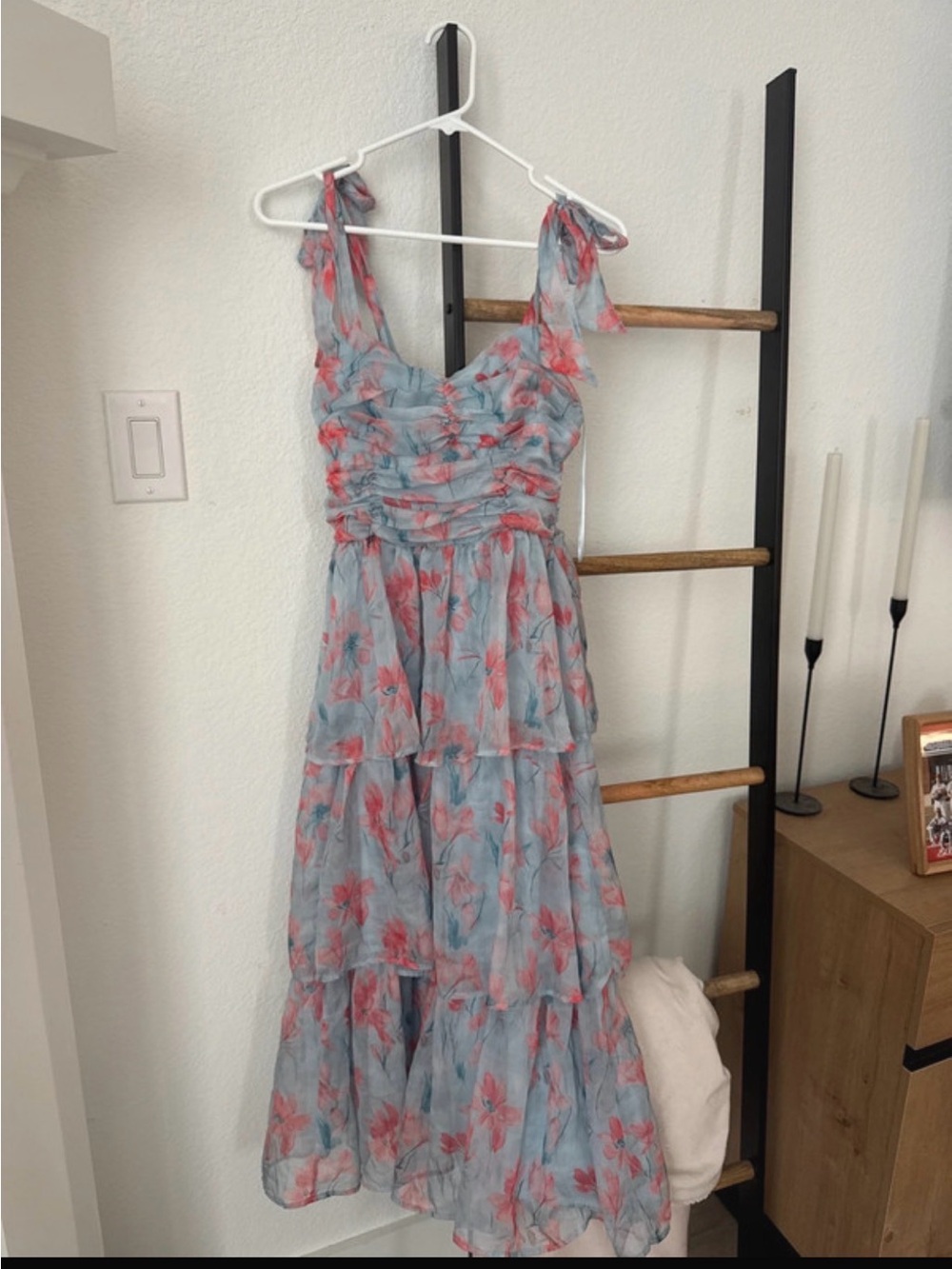 Astr Tie-Shoulder Tiered Maxi Dress in Light Blue and Coral Floral